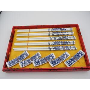 NEW with Gift Box Dragon Chopsticks Porcelain China Blue White Four Sets w Rests